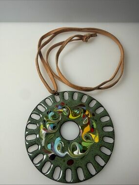 (Box2)
Artisan made Green Round Cutout Pendant on Tan Leather Cord Necklace